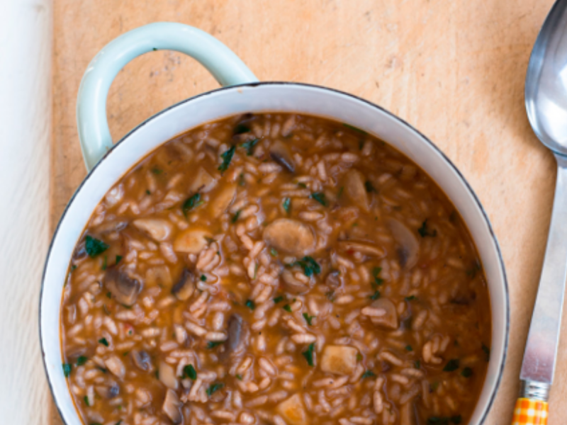Large bowl of meat-free mushroom risotto