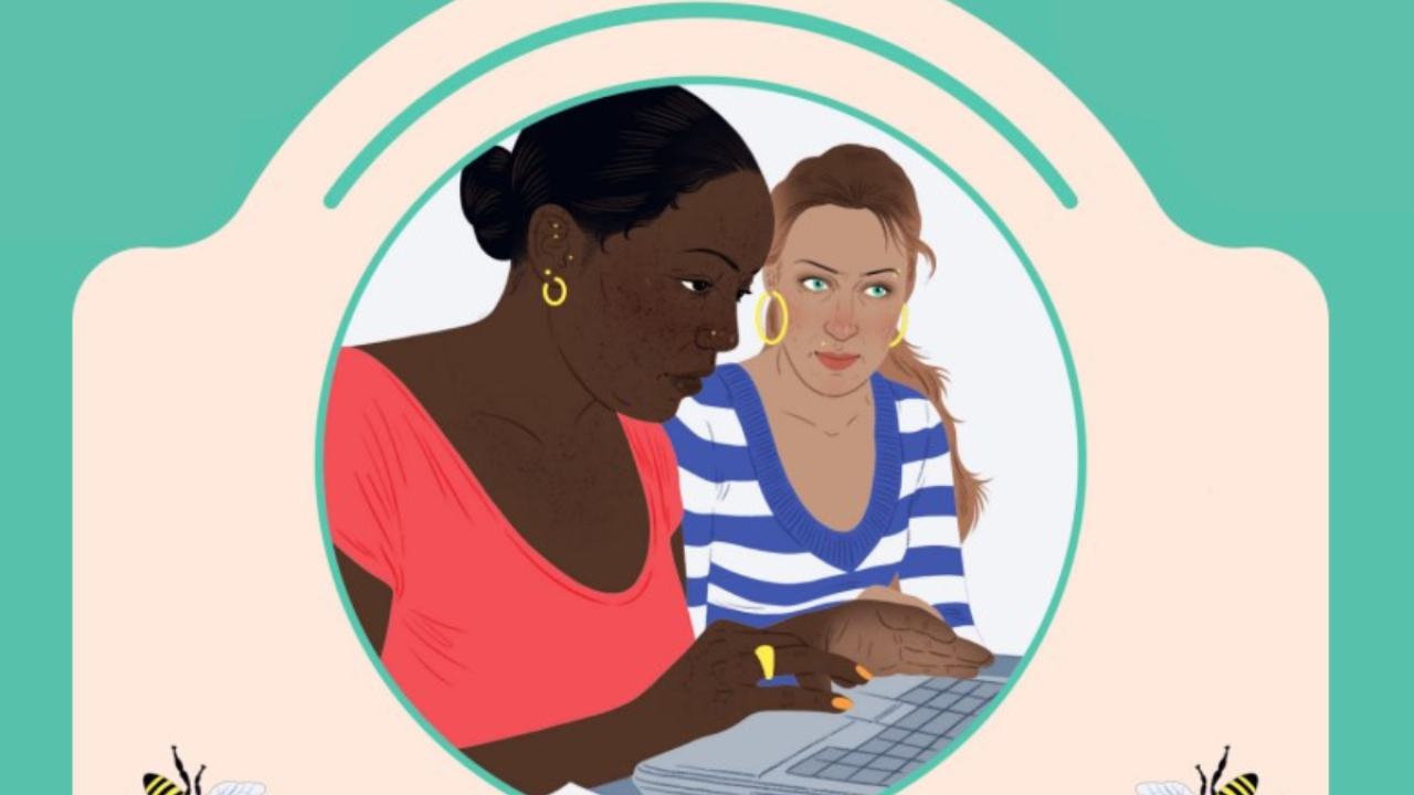 An illustration of two young people typing on a laptop, the image is framed with magnifier glasses