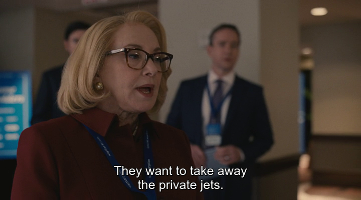 A screenshot from tv show Succession where it reads "They want to take away the private jets"