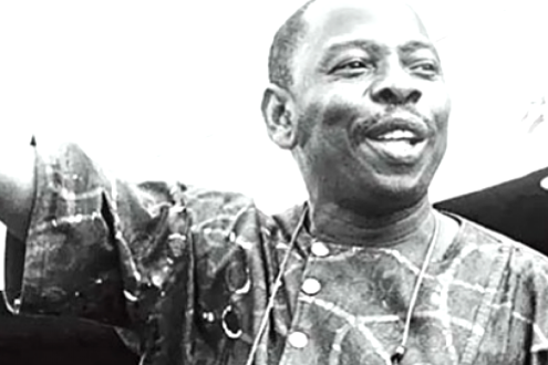 Black and white picture of the late Ken Saro-Wiwa, a leading voice against oil pollution in the Niger Delta.