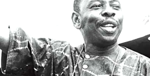 Black and white picture of the late Ken Saro-Wiwa, a leading voice against oil pollution in the Niger Delta.