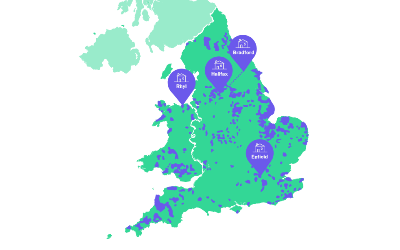 Map showing England and Wales with colouring to show where energy hotspots are, and four locations, Enfield, Rhyl, Bradford and Halifax marked with pins.
