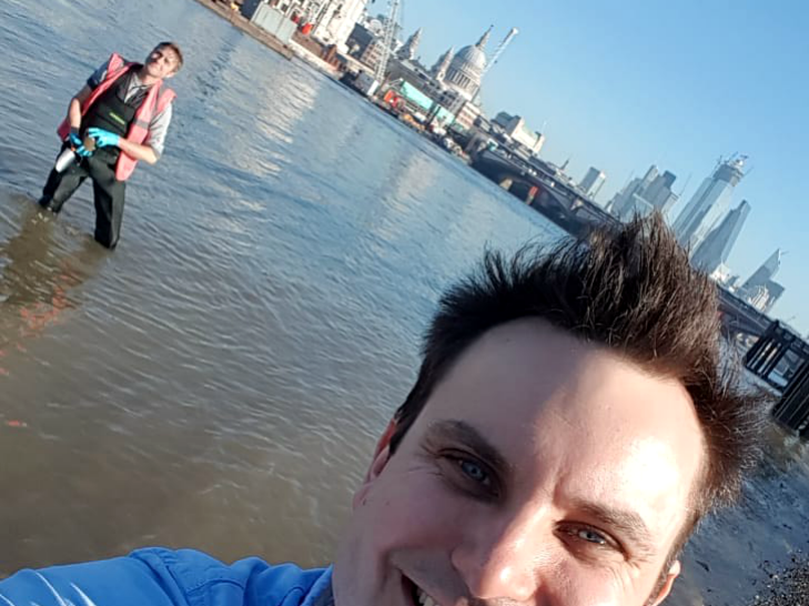 Plastics campaigner Julian Kirby testing for microplastics in the River Thames with Dr Christian Dunn of Bangor University