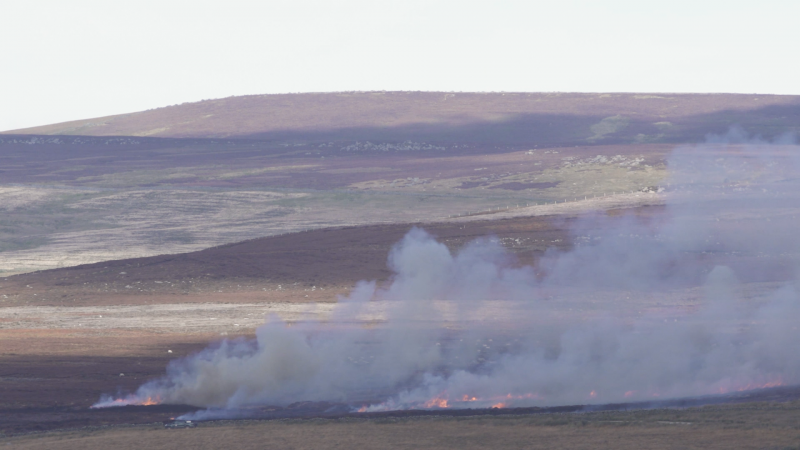 Photo of moorland landscape with grey smoke and flames