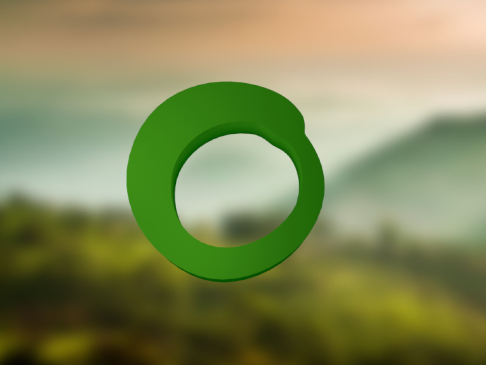 Stylised 3D Friends of the Earth logo in front of a foggy hillside