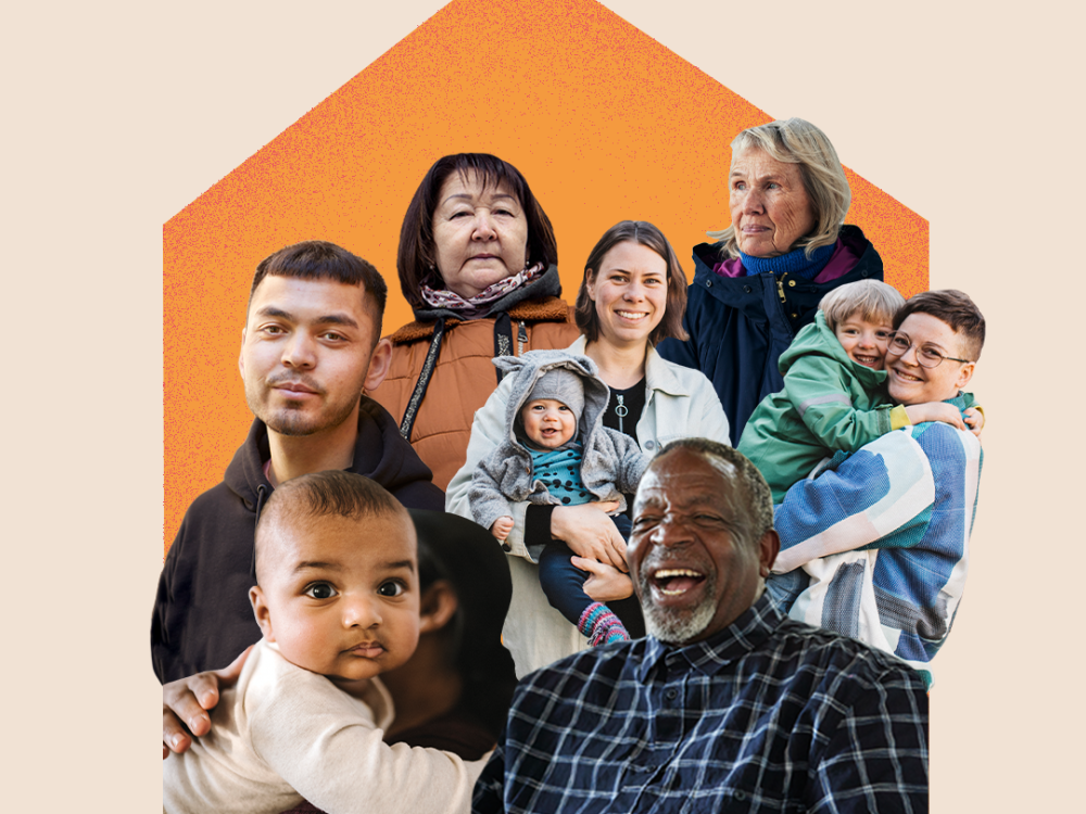 A collection of people within the silhouette of a warm home