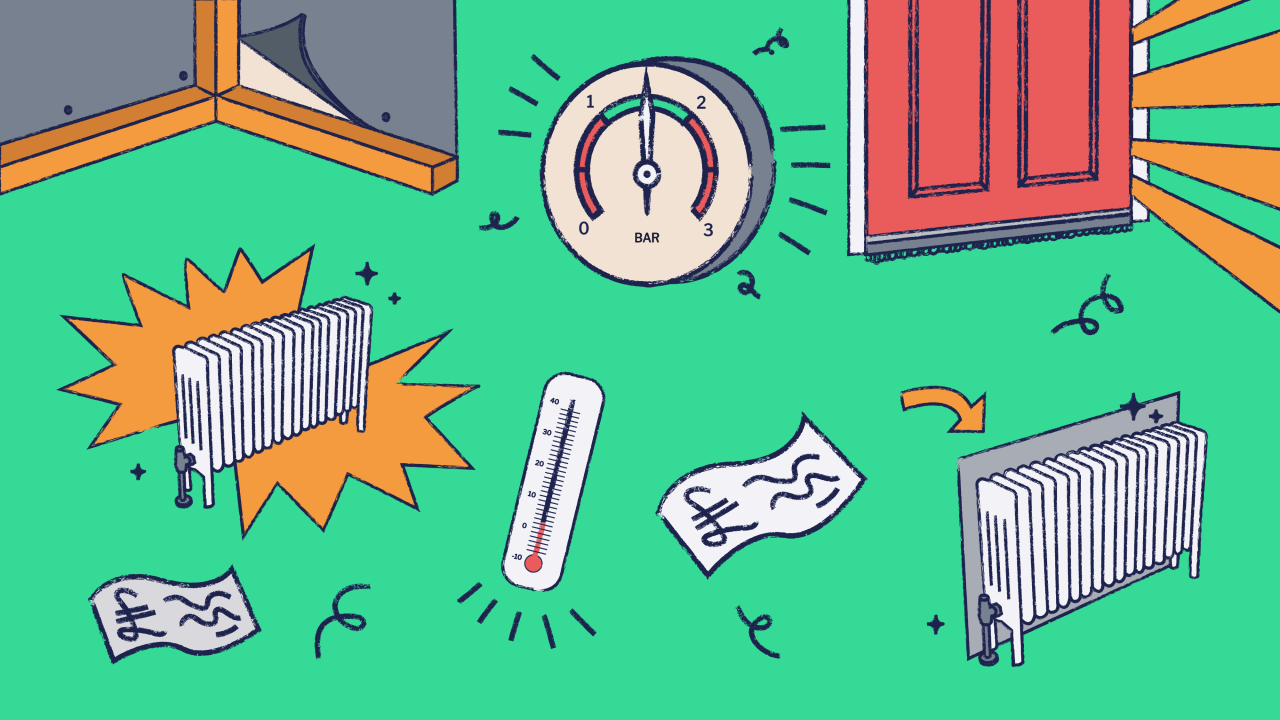 A bright illustration done in comic book style showing a variety of drawings related to heating and energy. There's a radiator, money, thermostat, gas valve, a closed door and wall insulation.