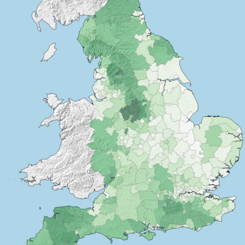 A map of England with different areas highlighted different shades of green