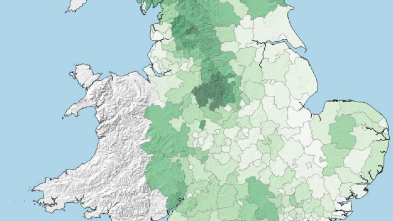 A map of England with different areas highlighted different shades of green
