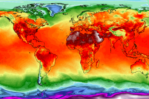 A graphic of the world map depicting temperature ranging from deep red to cold blue.